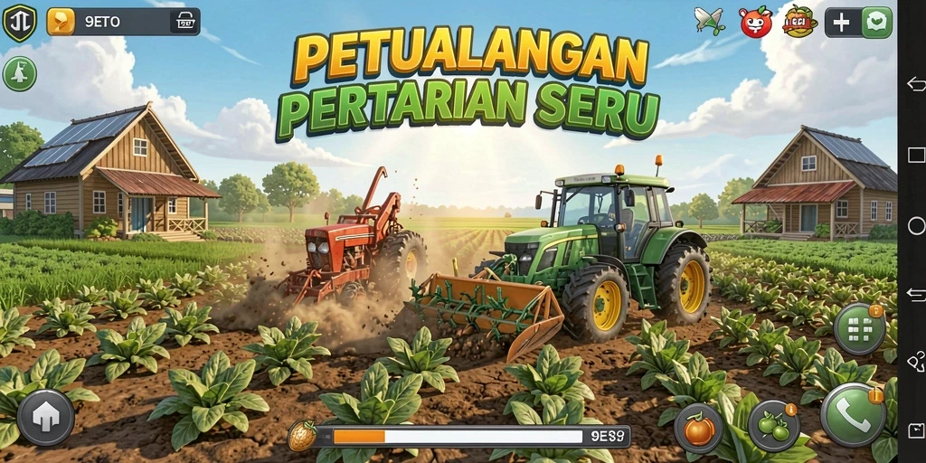 Screenshot utama 9ET menampilkan kebun yang indah dengan tanaman subur.