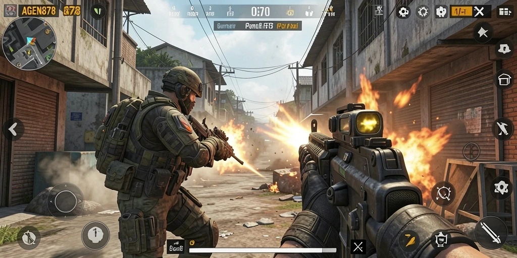 Screenshot menunjukkan pemain bertempur dalam AGEN878 dengan grafik yang realistis.