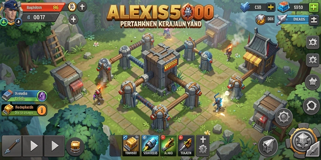 Tampilan gameplay ALEXIS500 dengan menara yang siap tempur.