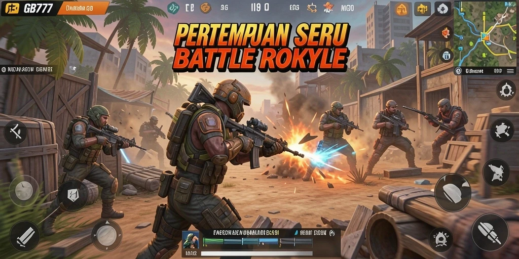 Screenshot gameplay GB777 dengan pertempuran mendebarkan di arena Battle Royale.