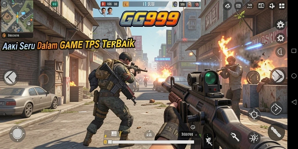 Screenshot gameplay GG999 yang mendebarkan dalam pertempuran TPS.