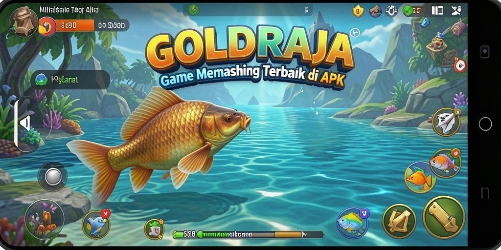 Screenshot utama GOLDRAJA menunjukkan pemain sedang memancing di danau yang indah.