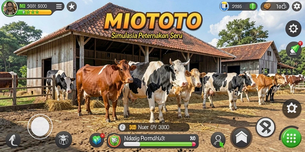 Tangkapan layar gameplay <strong>MIOTOTO</strong> menampilkan suasana peternakan yang hidup dan interaktif.