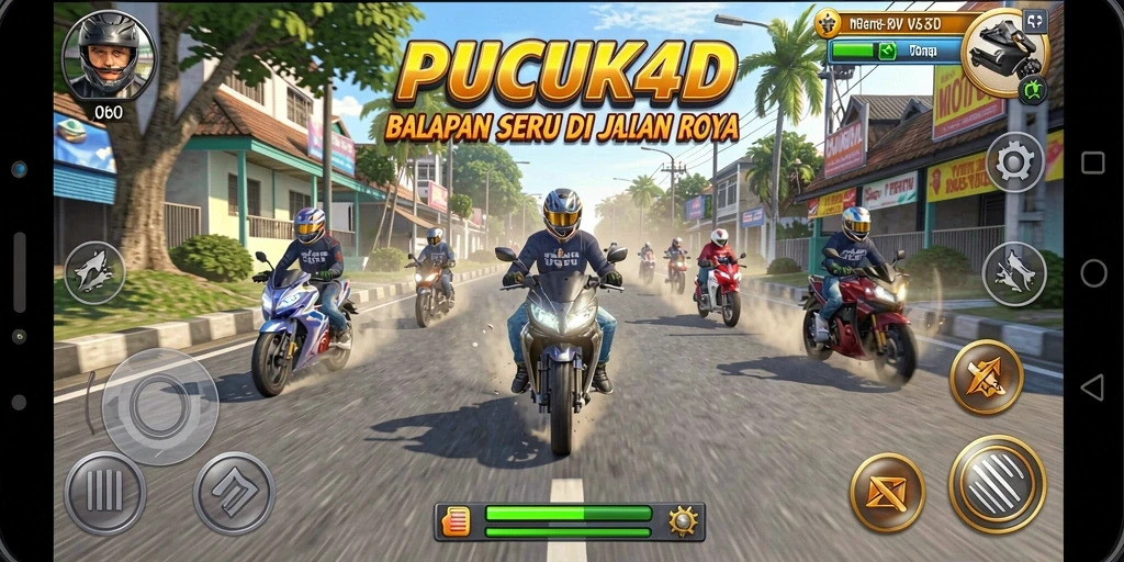 Tangkapan layar gameplay PUCUK4D yang menunjukkan aksi balapan motor yang intens.