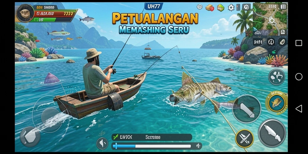 Tampilan gameplay UH77 menampilkan petualangan memancing yang seru dan menegangkan.